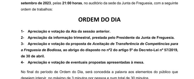 Junta de Freguesia de Bodiosa - Edital - Convocatória setembro/2023