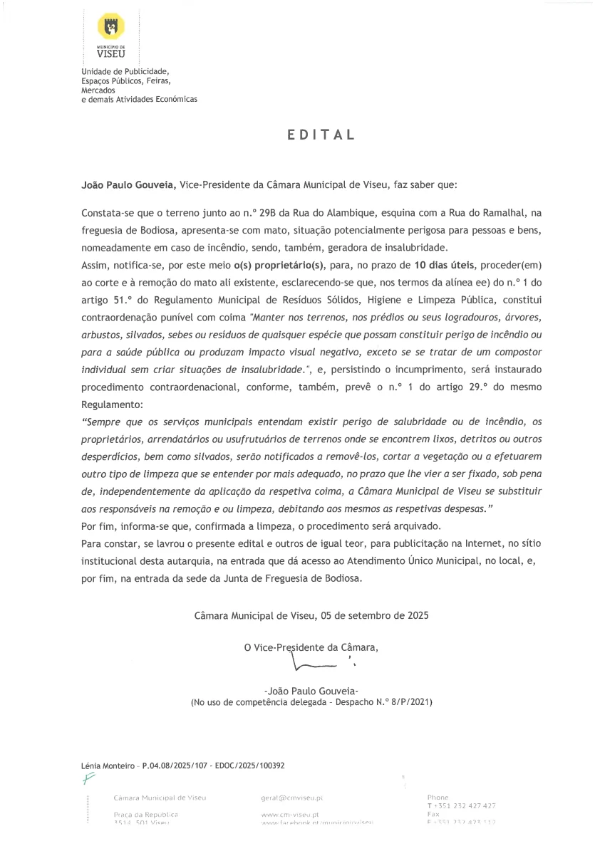 Edital – Aviso Limpeza de terreno 2025 – Rua do Ramalhal