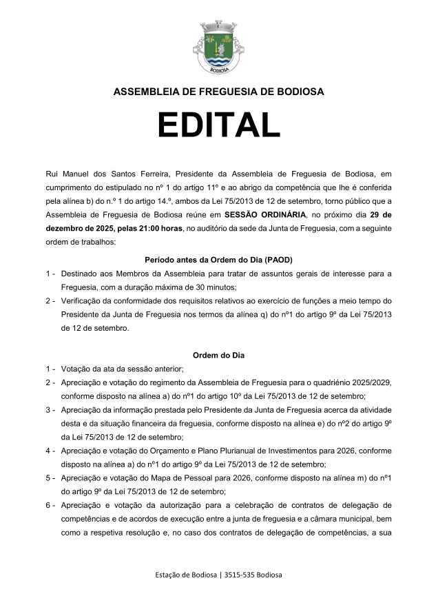 EDITAL - Assembleia de Freguesia - DEZEMBRO_2025 - Junta de Freguesia de Bodiosa