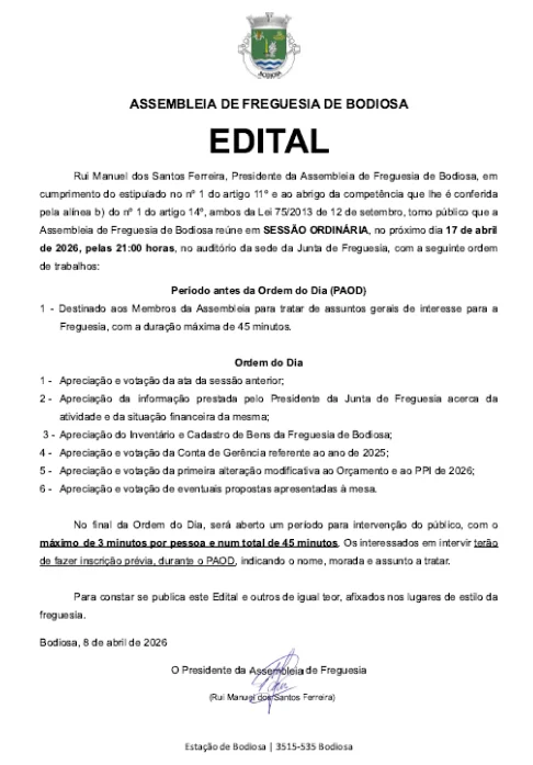 Assembleia de Freguesia de Bodiosa - Abril 2026